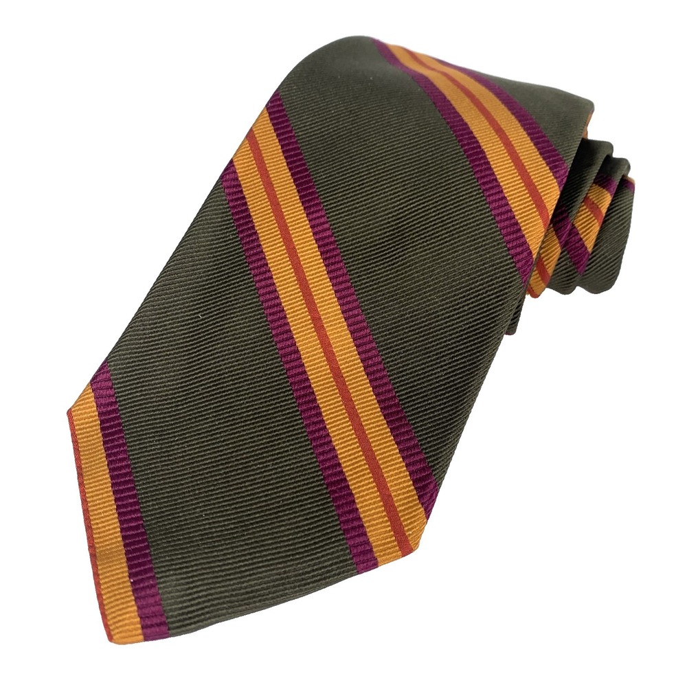 Paul Stuart Mens Tie Olive Gold &‎ Maroon striped REPP 100% Silk Neckwear